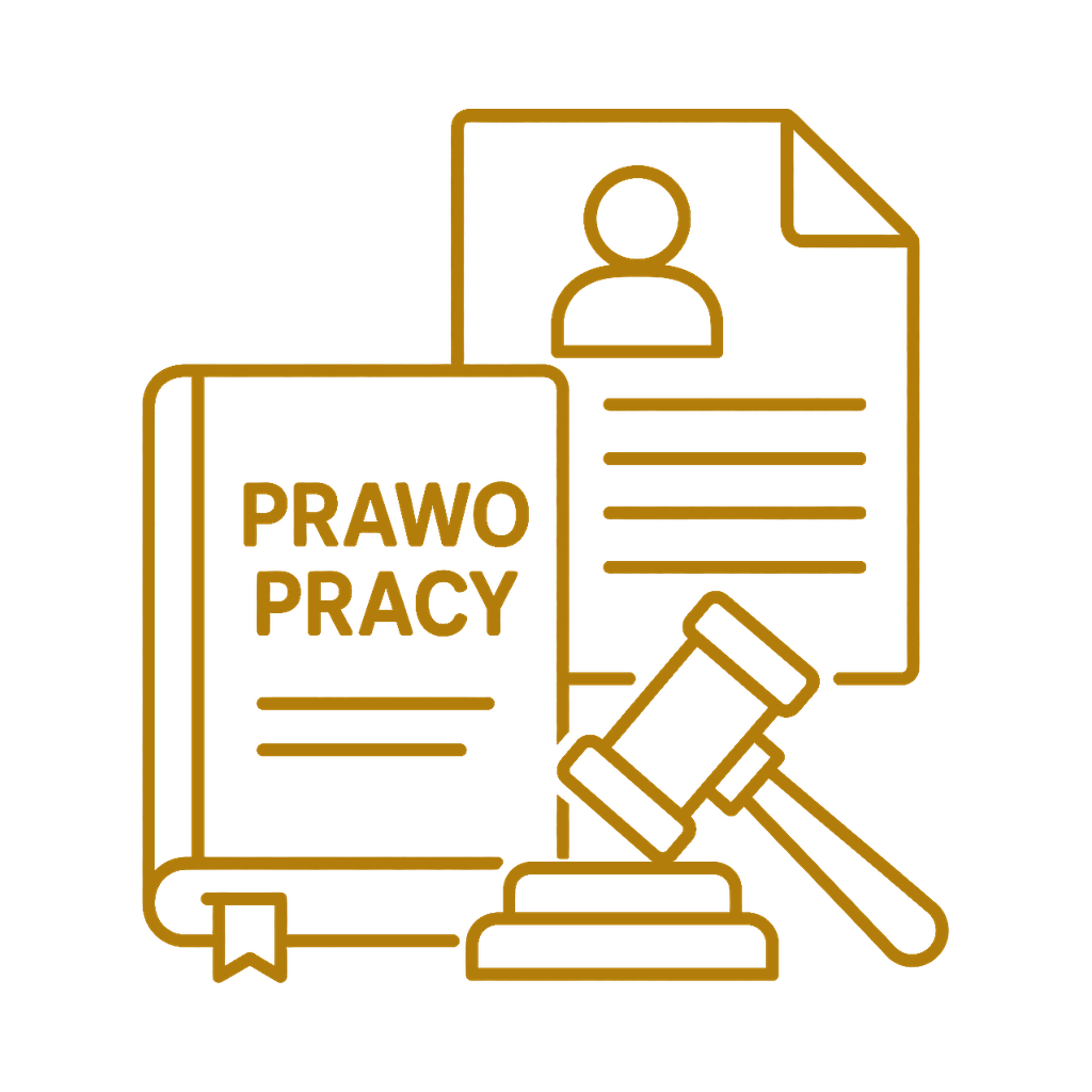 Ikona prawa pracy z kodeksem, dokumentem pracowniczym i młotkiem sędziowskim